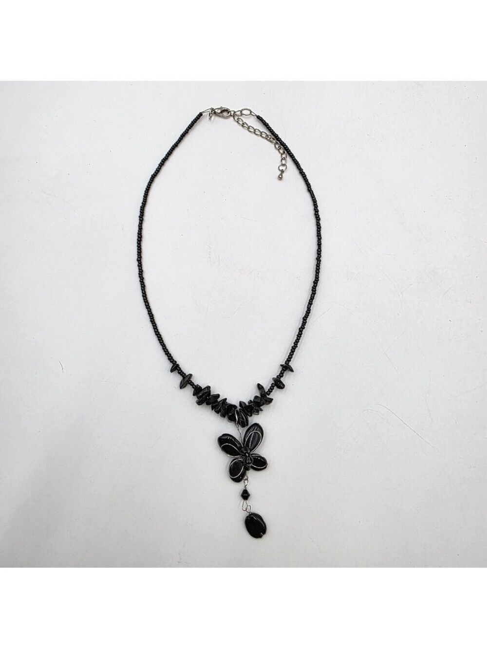 Butterfly Black Stone Chip And Glass Beaded Artisan Necklace